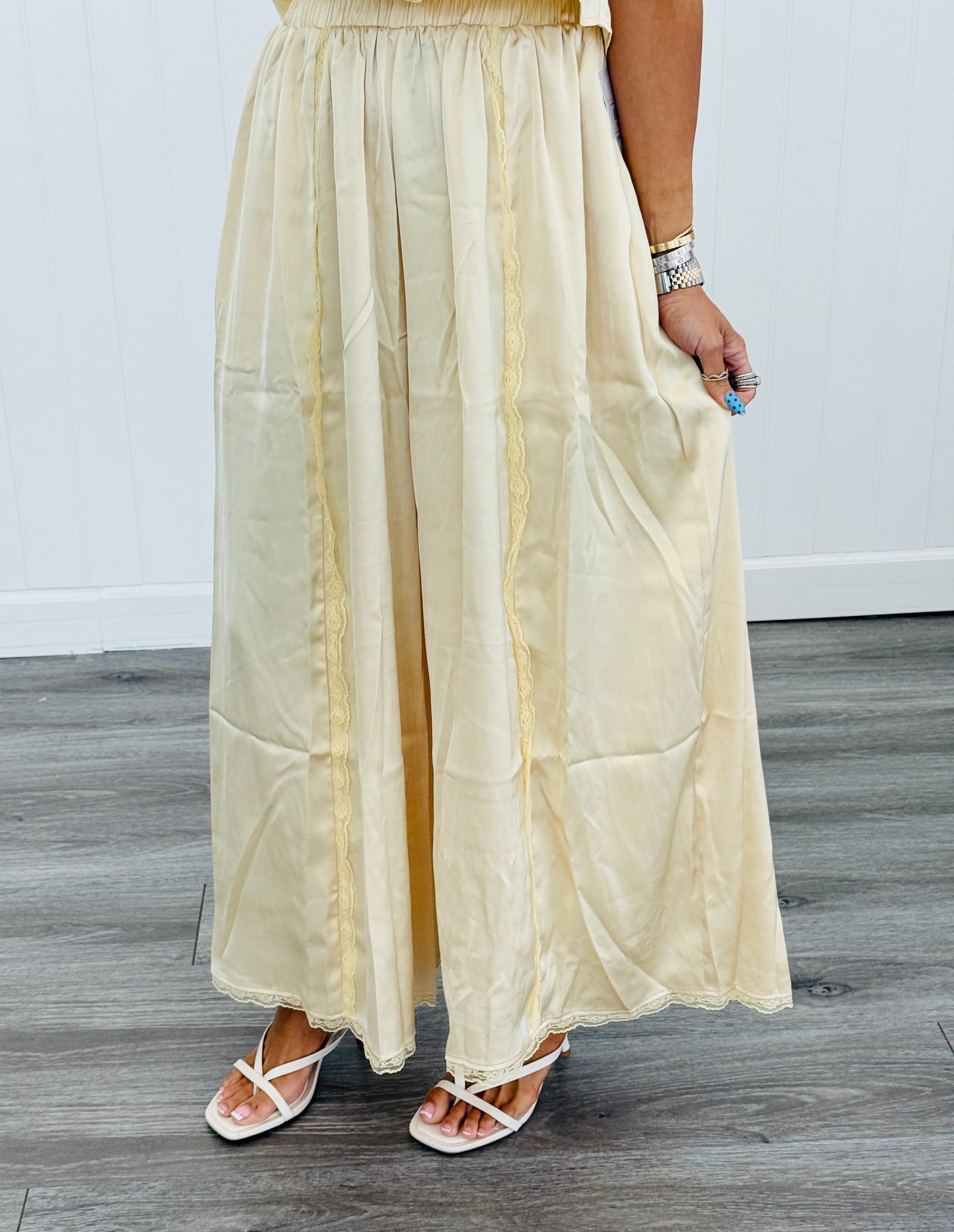 Pale Yellow Embroidered Lace Satin Pants (Reg & Plus)