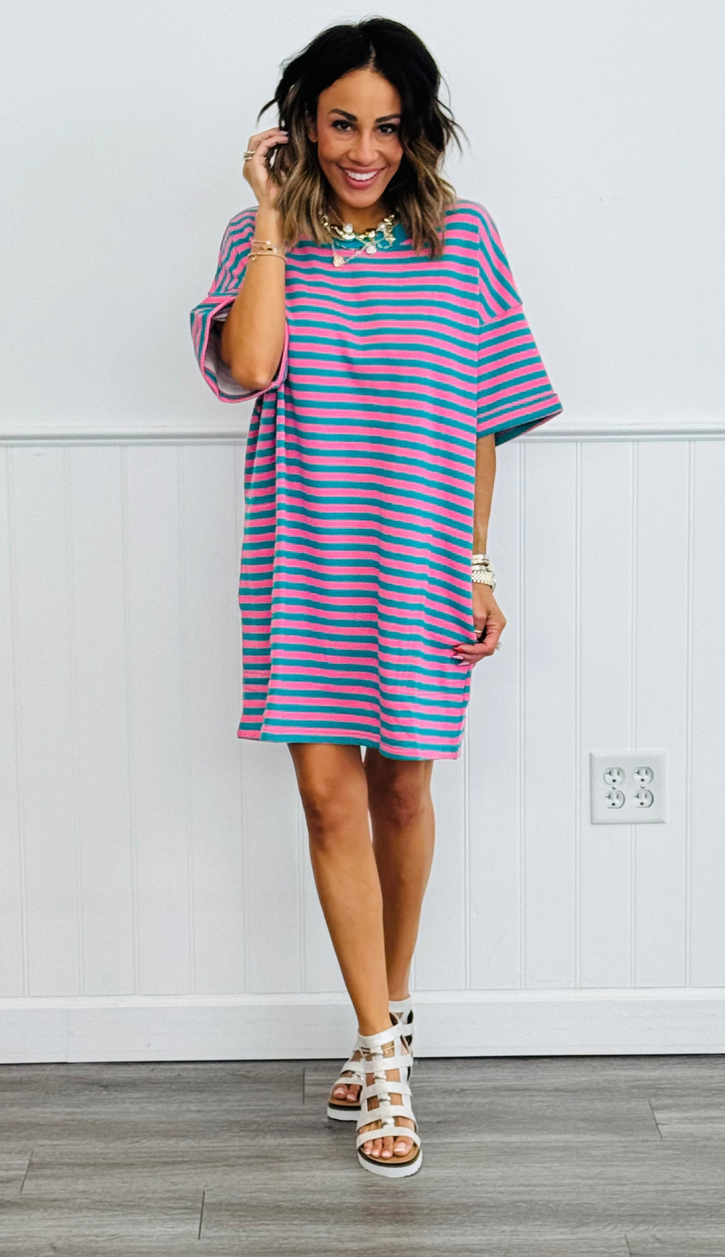 Pink/Green Striped Oversized Tee Shirt Dress (Reg.)