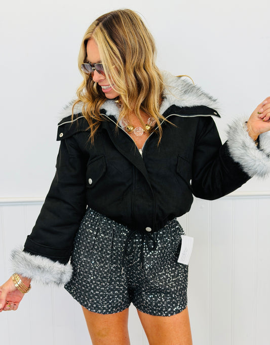 Black/Silver Grey Fur Collar Bomber Jacket (Reg & Plus)