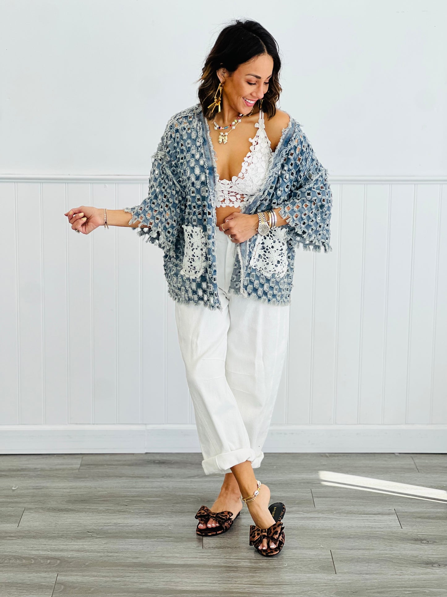 POL Deep Denim Laser Cut Cardigan (Reg.)