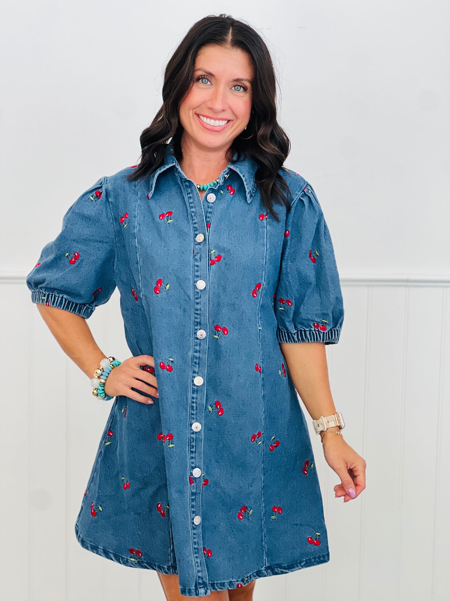 Cherry Denim Mini Shirt Dress (Reg. and Plus)