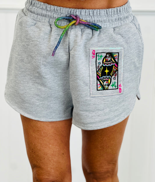 Queen Of Sparkles Grey Rainbow Tie & Logo Shorts (Reg. and Plus)