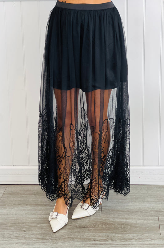Black Sheer Mesh Lace Mini Lined Maxi Skirt (Reg.)