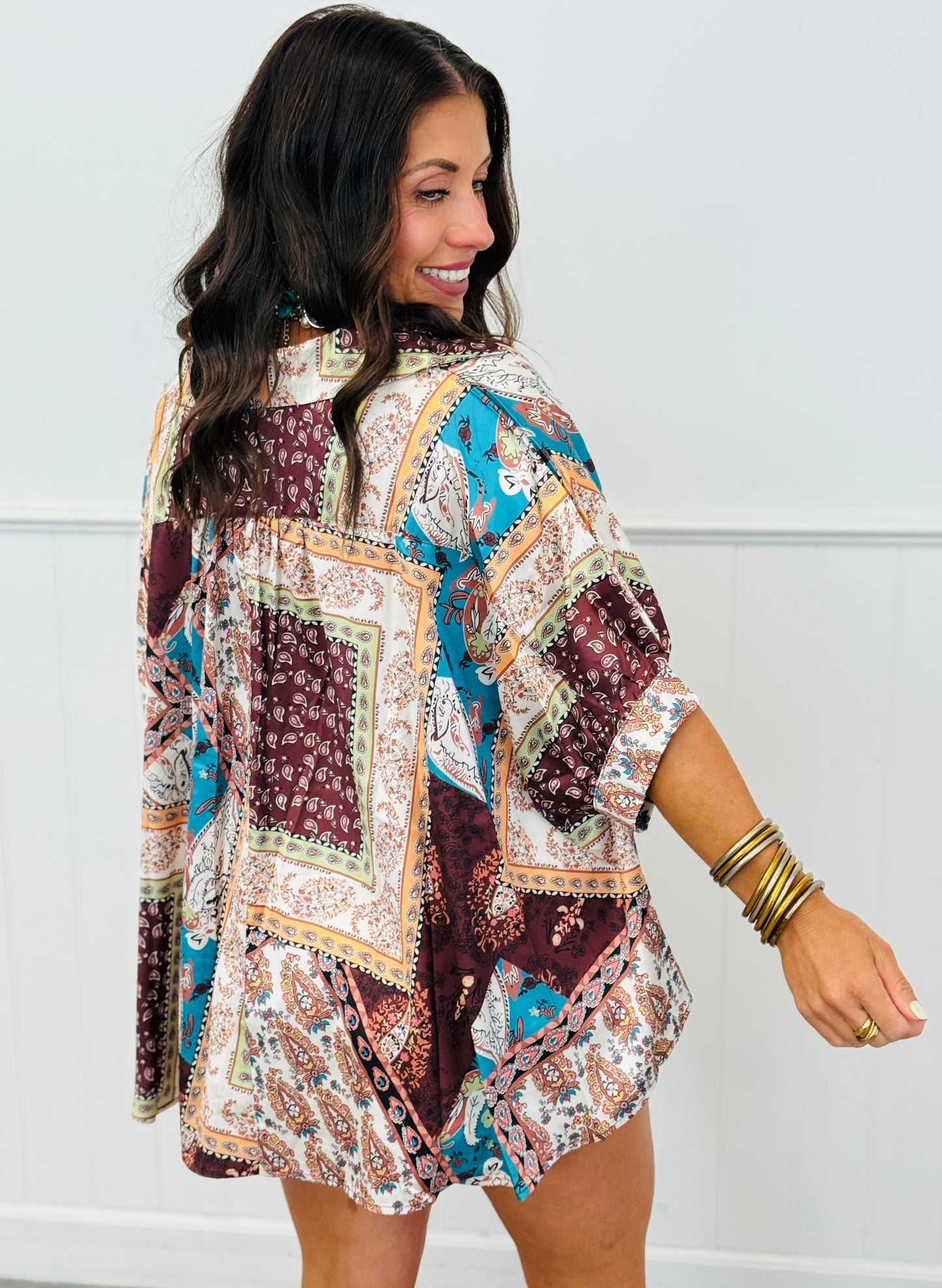Brown Satin Print Oversized Shirt (Reg & Plus)