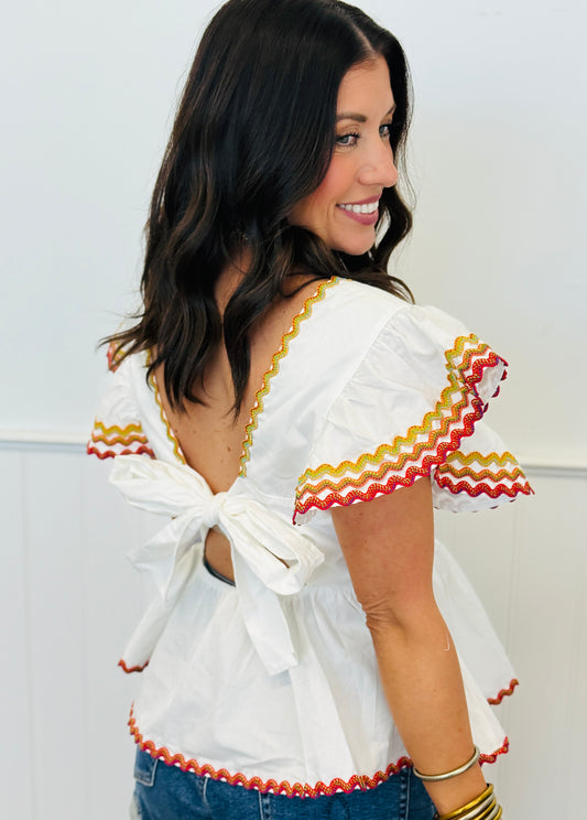 White Open Tie Back Embroidered Trim Blouse (Reg & Plus)