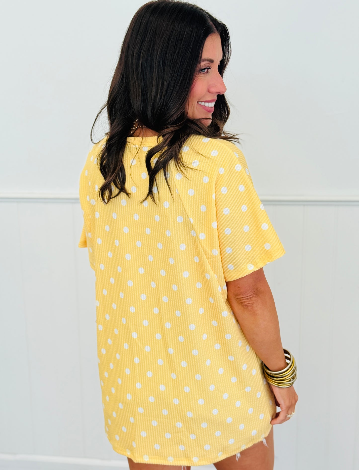 Yellow Polka Dot Short Sleeve Blouse (Reg. and Plus)