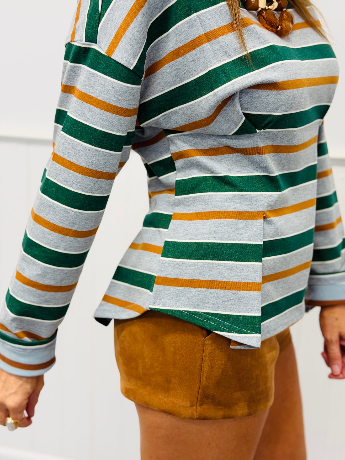 Green/Gray Pleated Waist Striped Top (Reg.)