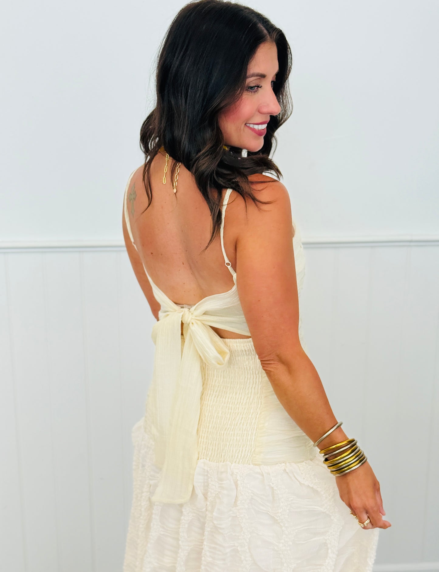 Cream Ruched Bow Back Maxi Dress (Reg.)