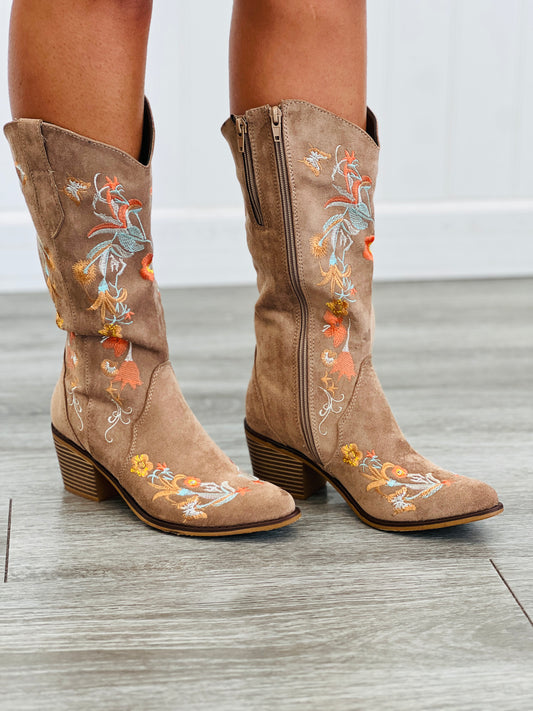 Taupe Suede Desert Bloom Embroidered Boots