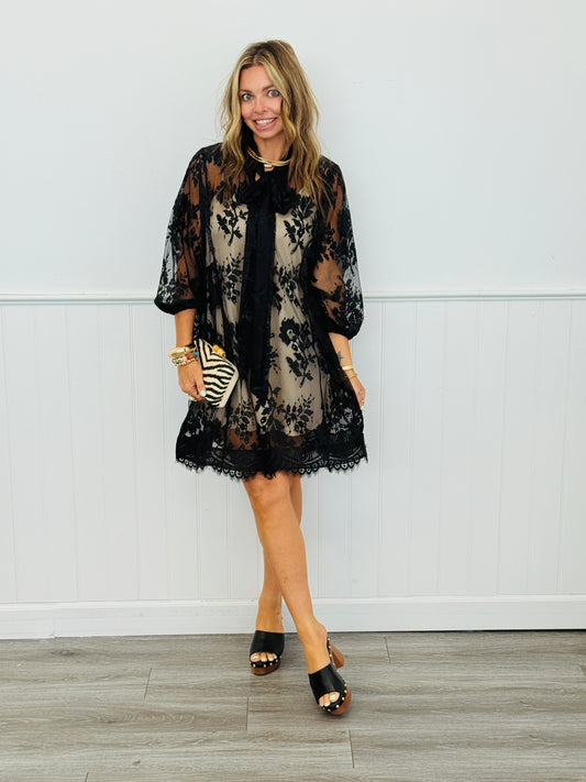 Black Floral Lace Mini Dress (Reg & Plus)