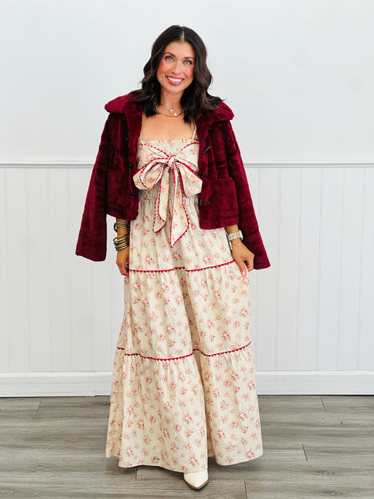 Taupe/Red Ric Rac Front Tie Maxi Dress (Reg.)