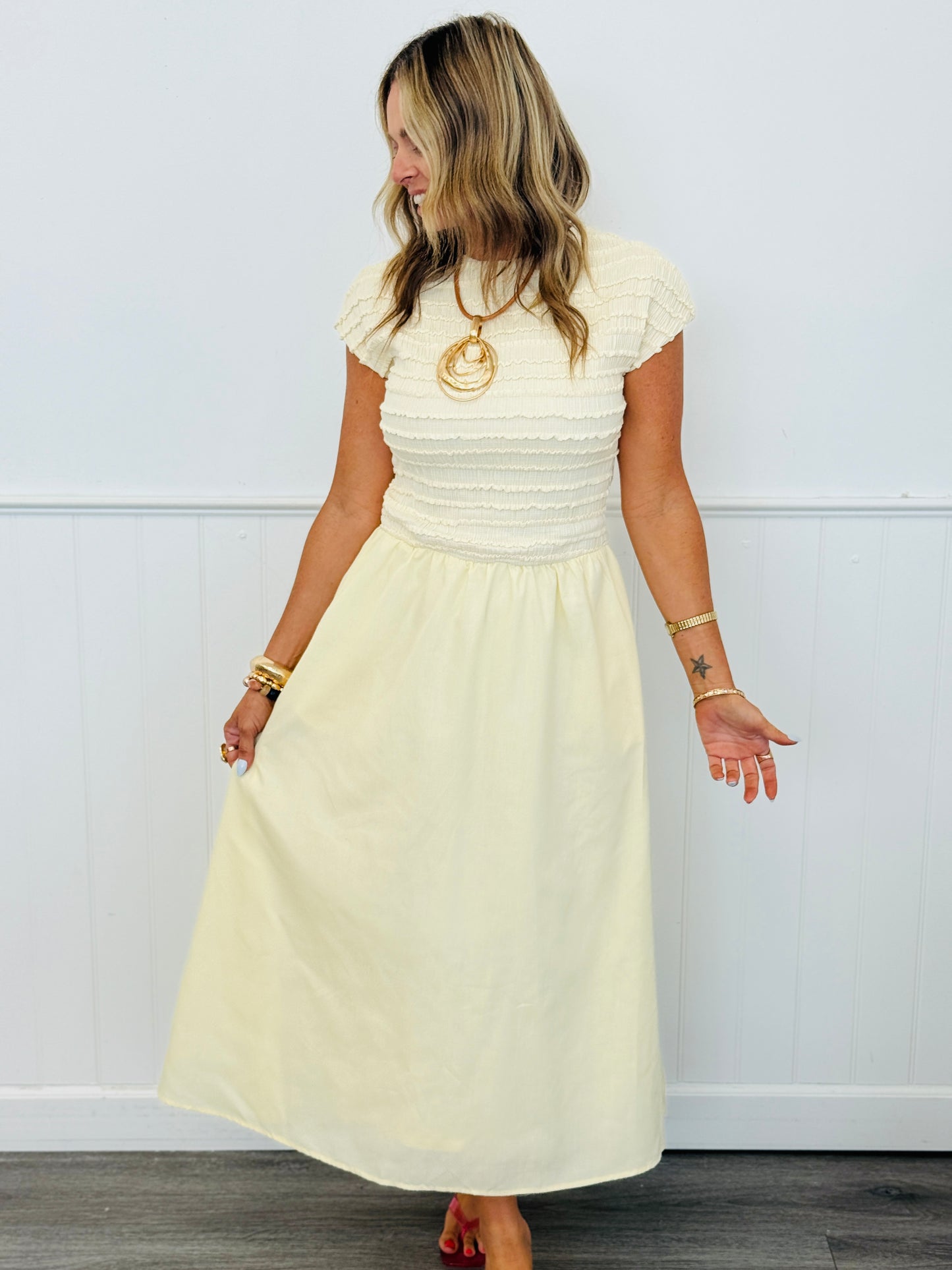 Pale Yellow Shirred Midi Dress (Reg & Plus)