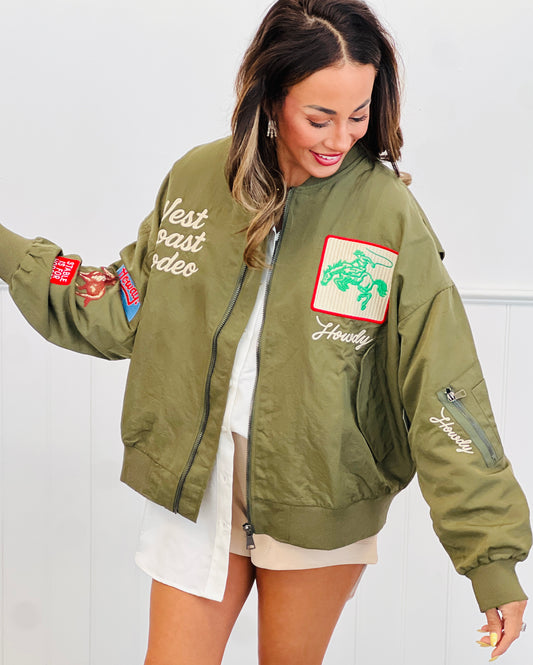 Army Green West Coast Rodeo Embroidered Bomber Jacket (Reg & Plus)
