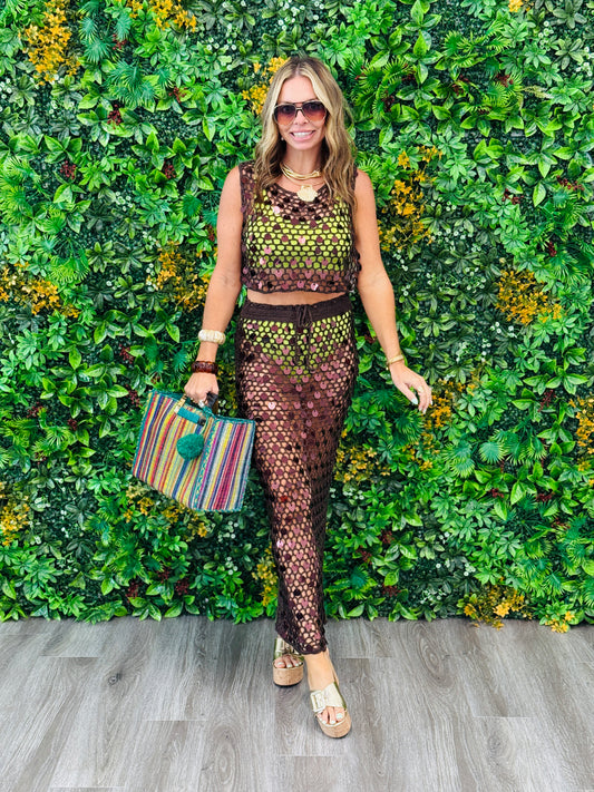 Brown Crochet Disc Sequin Top & Skirt Set (Reg.)