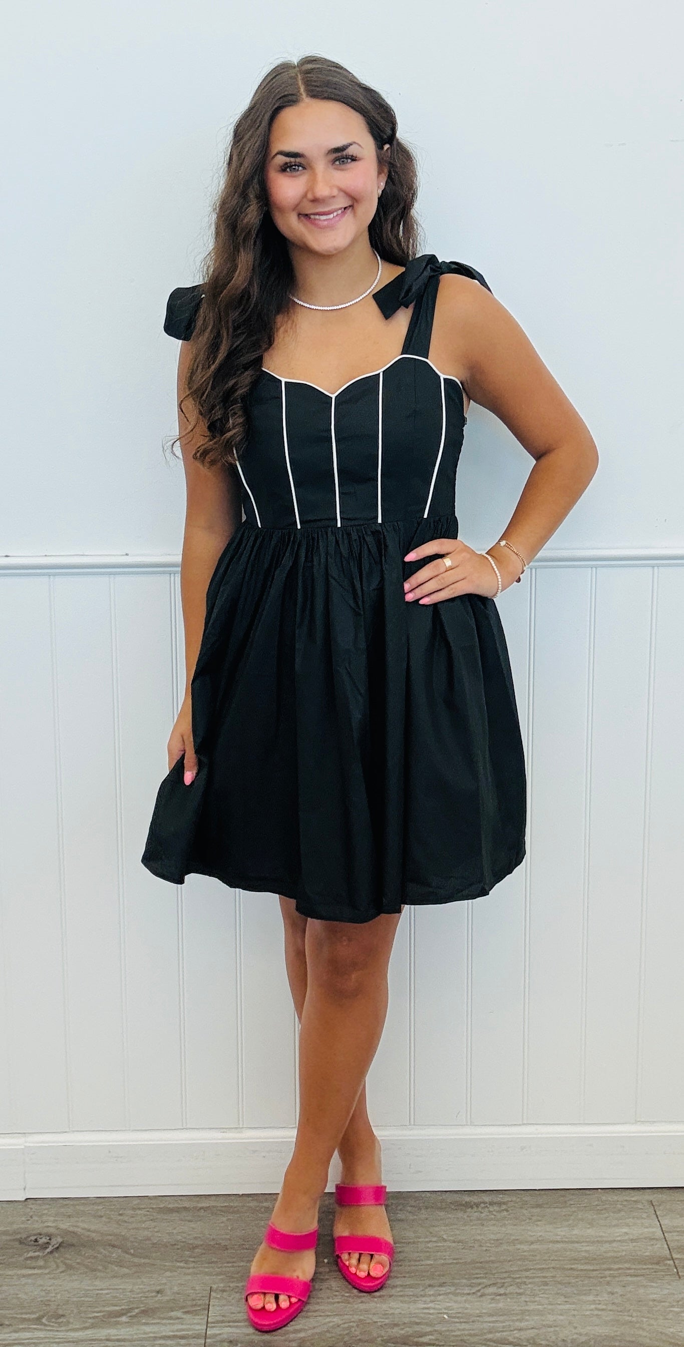 Black Bow Tie Shoulder Straps Mini Dress (Reg.)