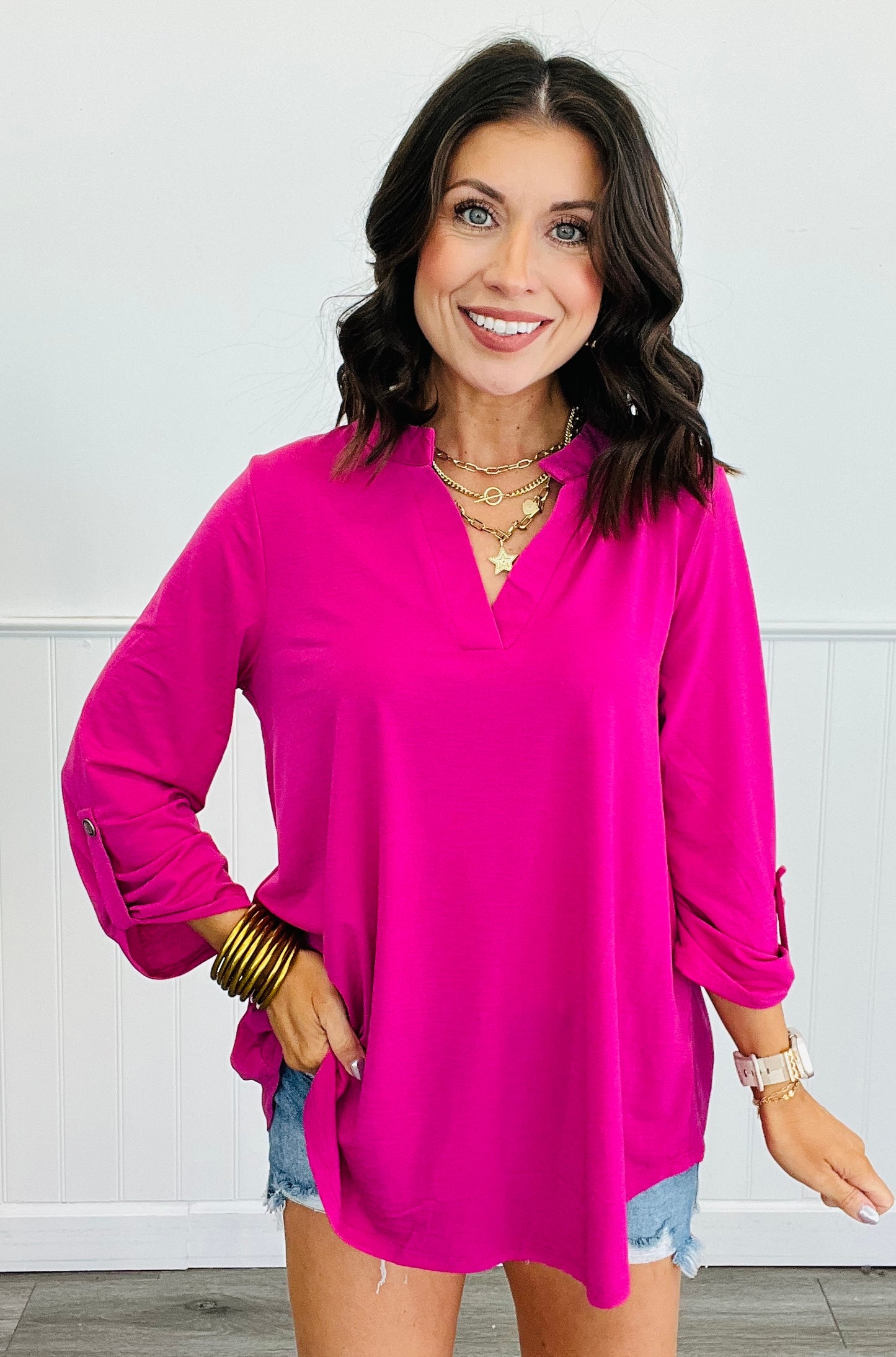 Dear Scarlett Solid 3/4 Sleeve Lizzy Top (Reg. and Plus) - 7 Colors
