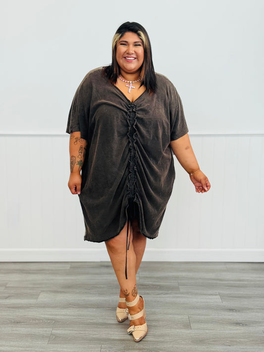 Black Short Sleeve Tunic Slub Midi Dress (Reg.)