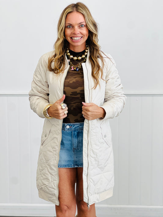 Ivory Quilted Longline Bomber Jacket (Reg.)