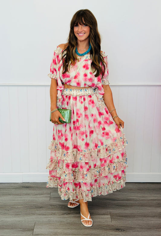 Pink Multi Blurred Floral Maxi Skirt Set (Reg & Plus)