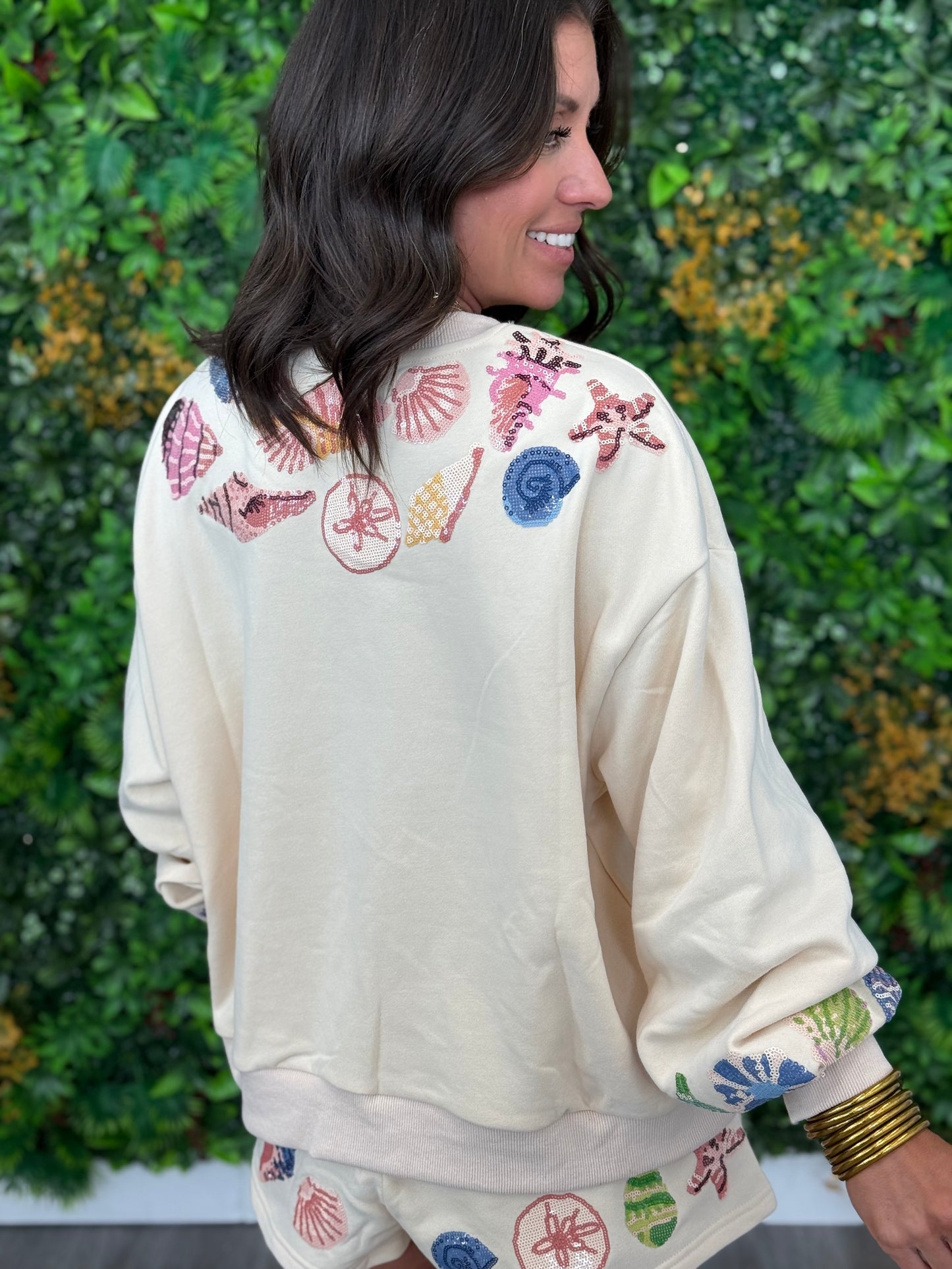 Queen Of Sparkles Beige Shell Trim Sweatshirt (Reg. and Plus)