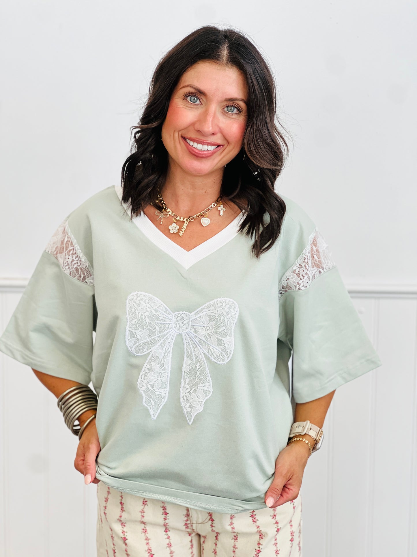 Lace Embroidered Ribbon Patch Top (Reg & Plus)-2 Colors