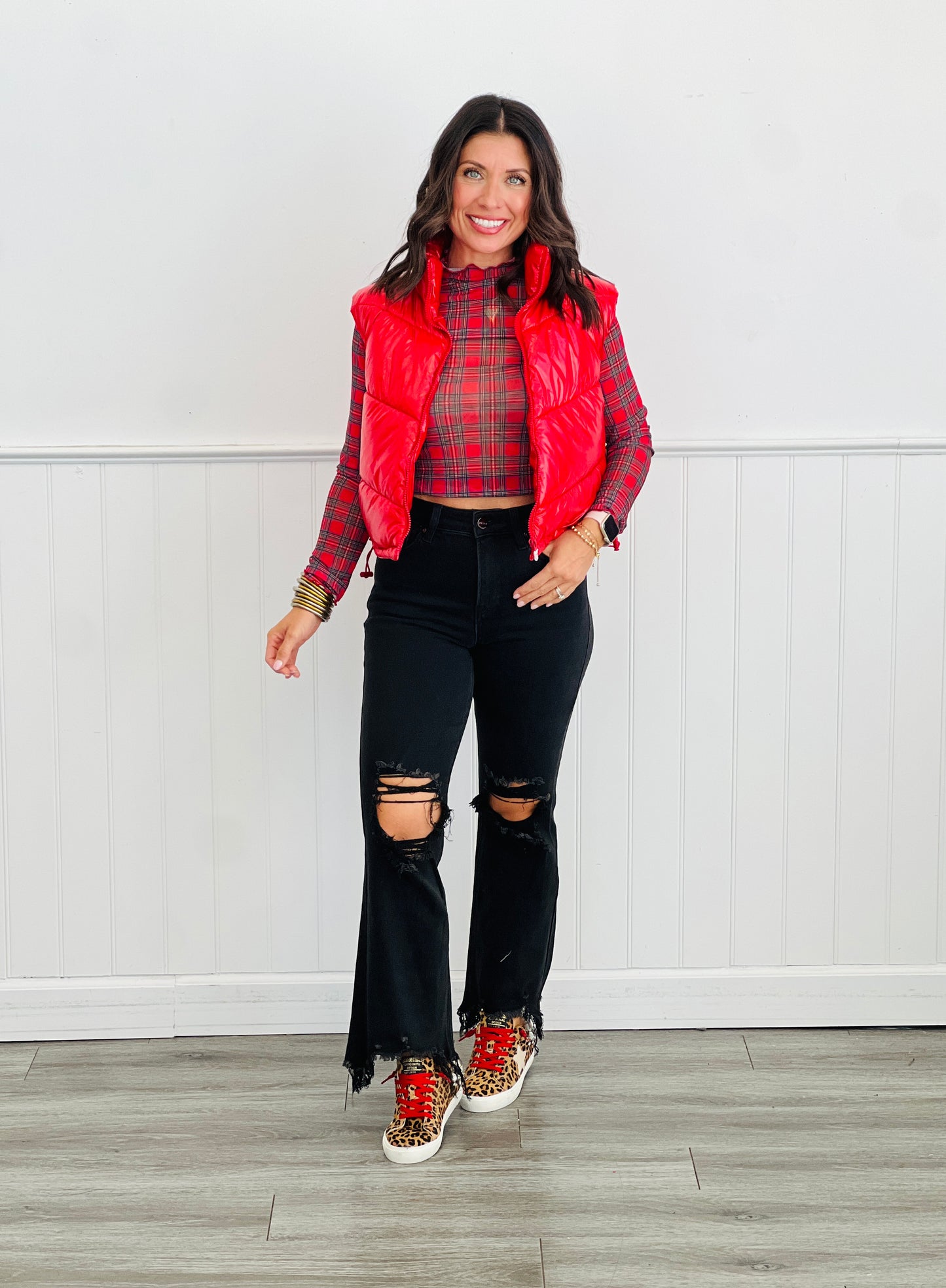 Red Plaid Long Sleeve Mesh Top (Reg. and Plus)