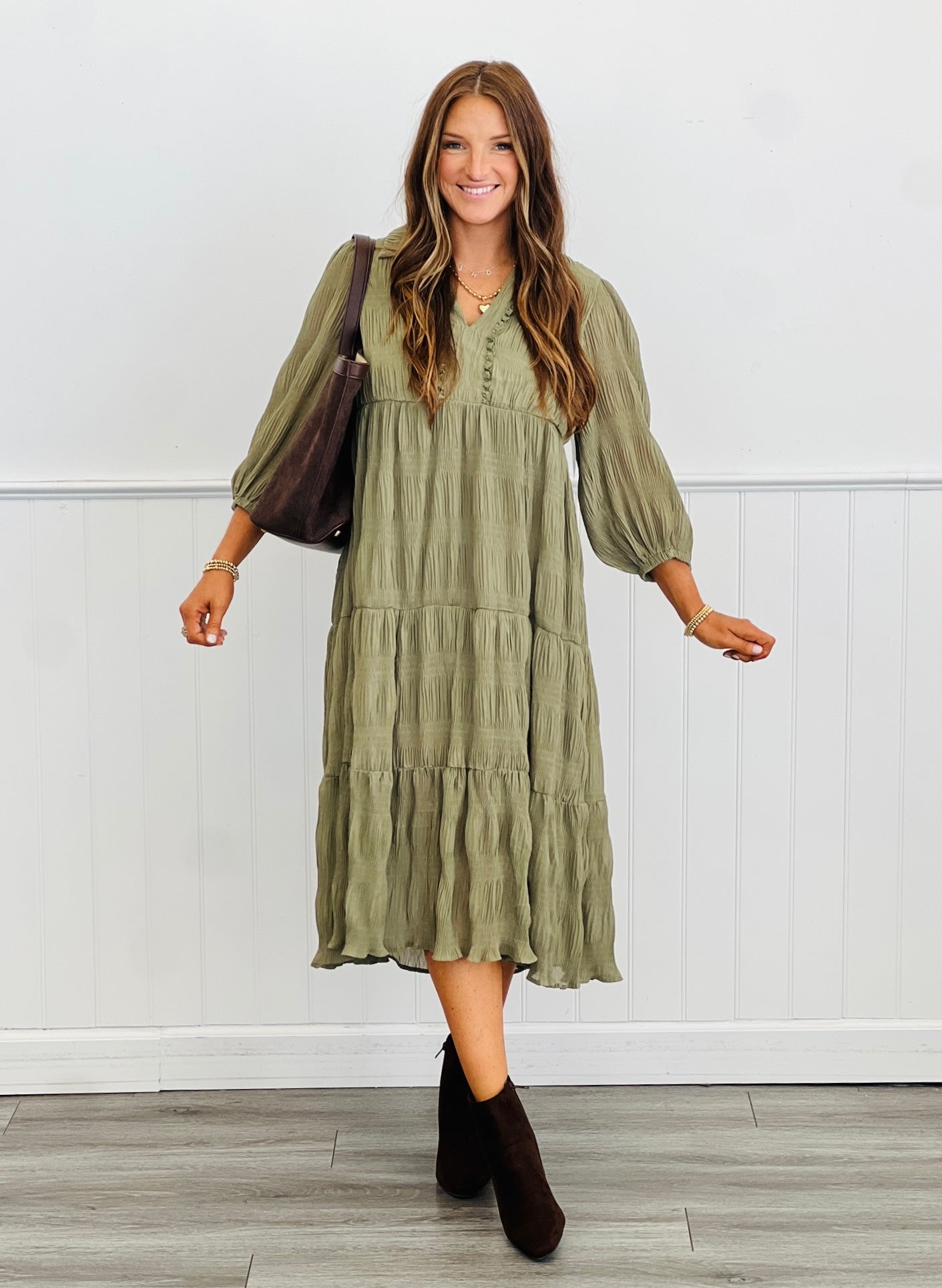 Olive Tiered Balloon Sleeve Midi Dress (Reg. and Plus)