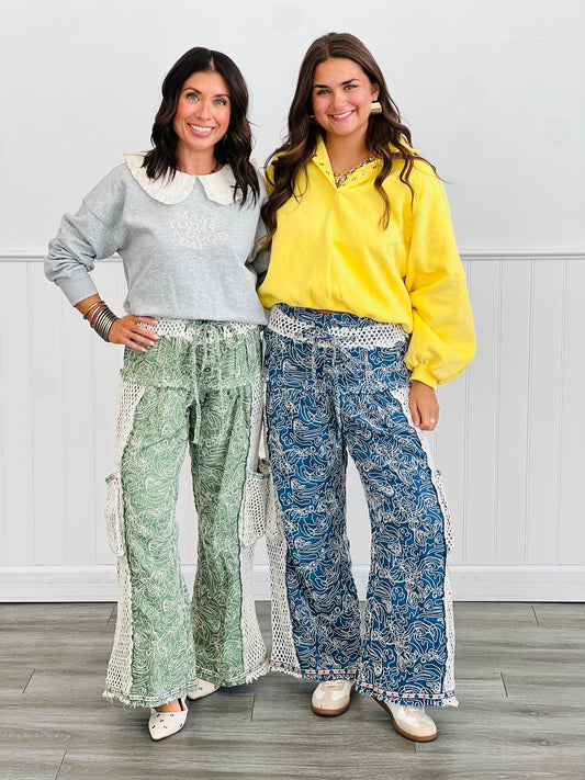 POL Flower Crochet Detailing Wide Leg Pants (Reg.)- 2 Colors