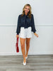 Navy Striped Chiffon Bow Tie Blouse (Reg & Plus)