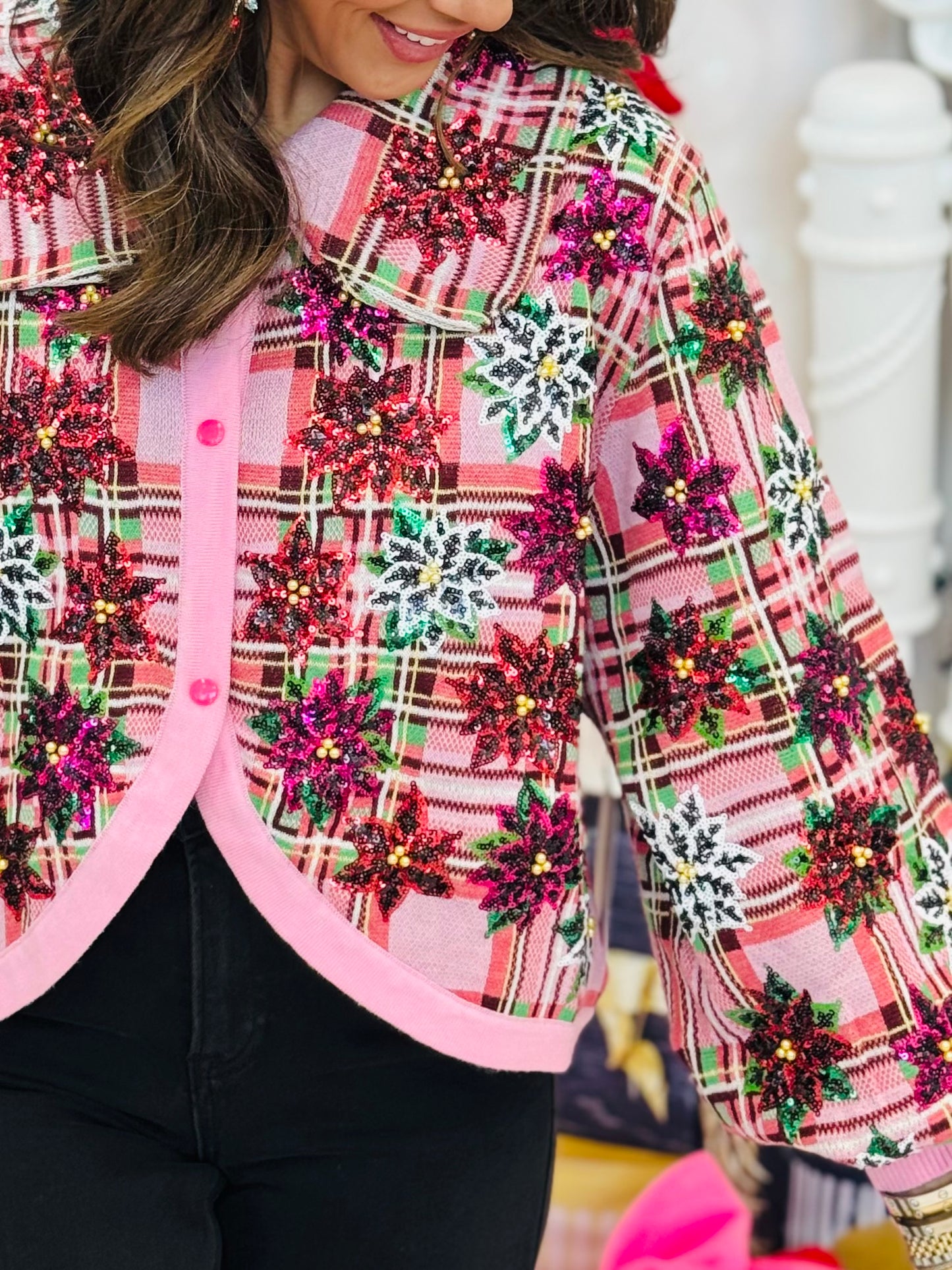 Queen Of Sparkles Pink Plaid Poinsettia Button Up Cardigan (Reg. & Plus)
