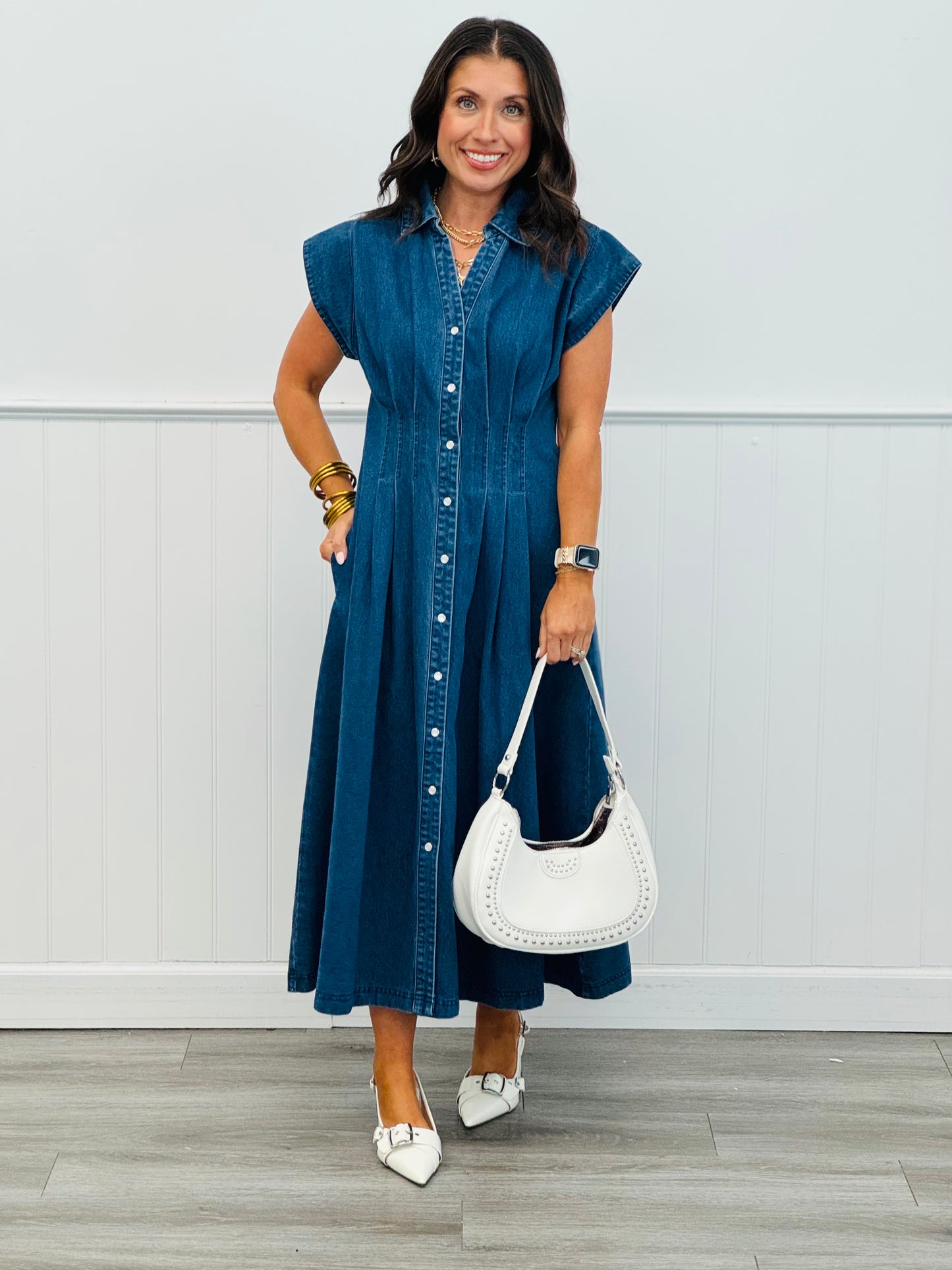 Deluxe Denim Pintuck Midi Dress (Reg)