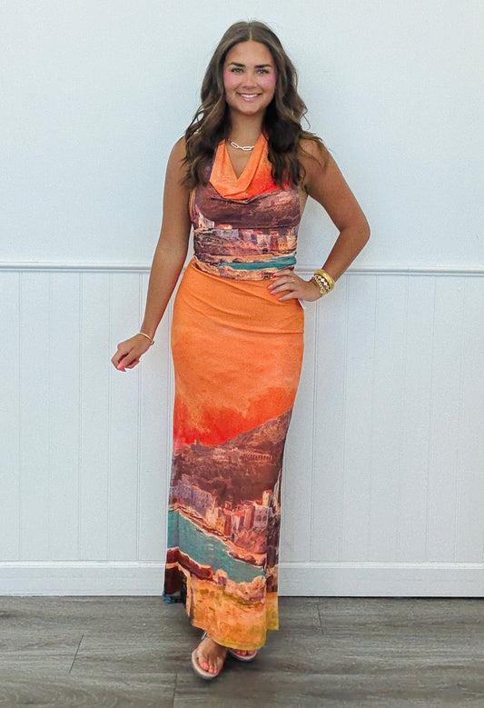 Sunset Landscape Mesh Maxi Skirt (Reg.)