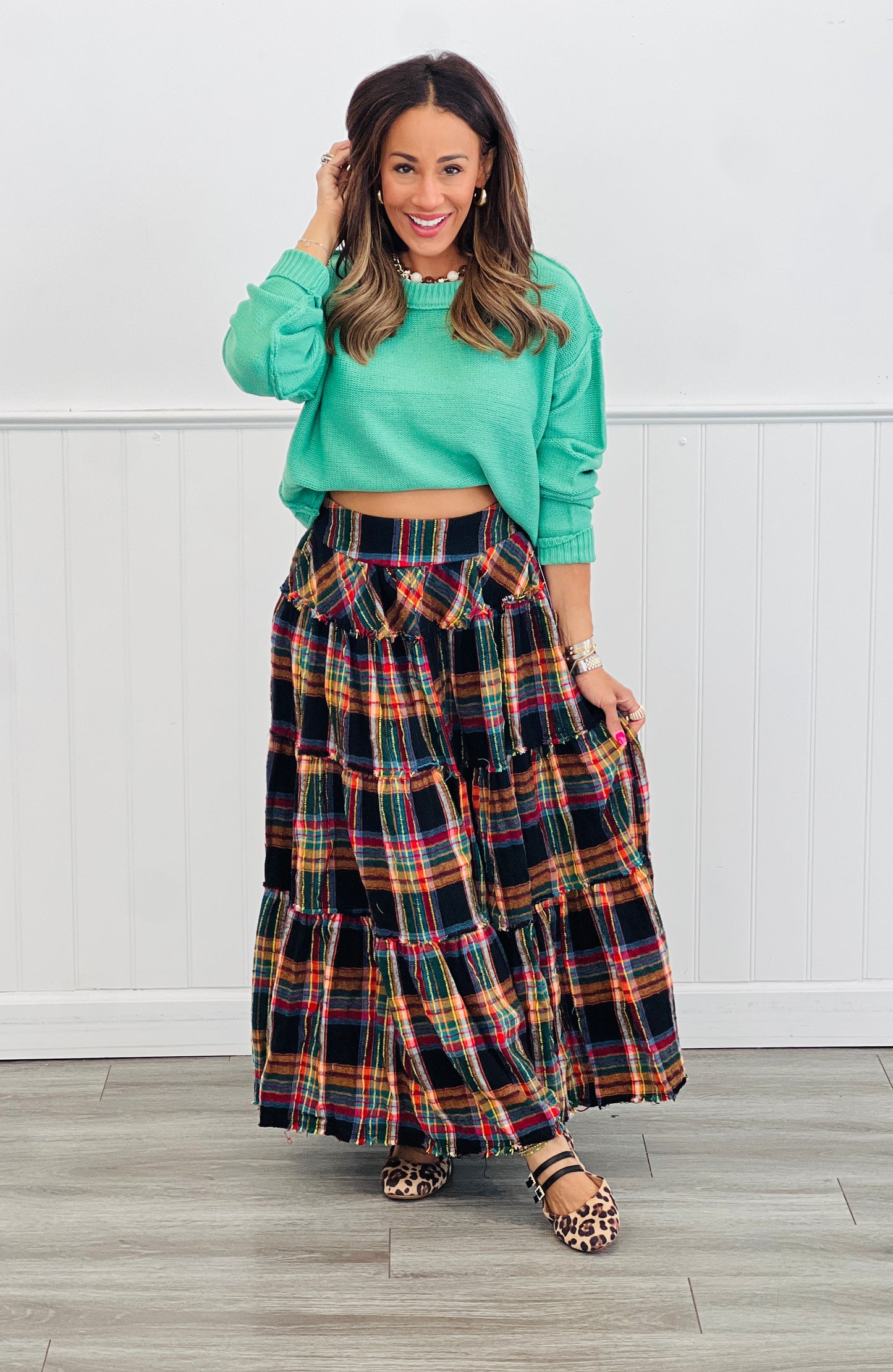 Oli & Hali Black Plaid Tiered Maxi Skirt (Reg)