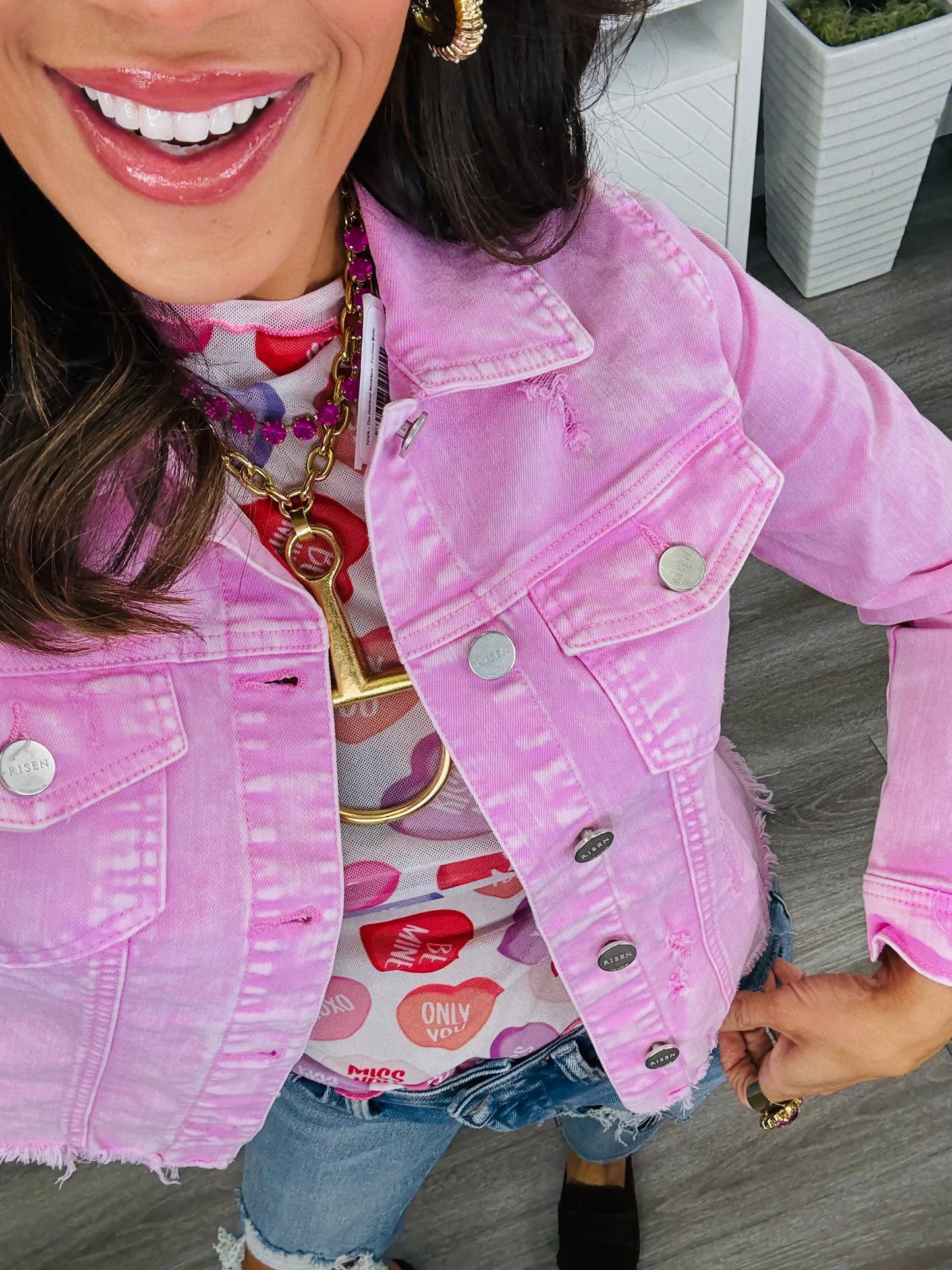 Risen Pink Frayed Hem Jean Jacket (Reg & Plus)