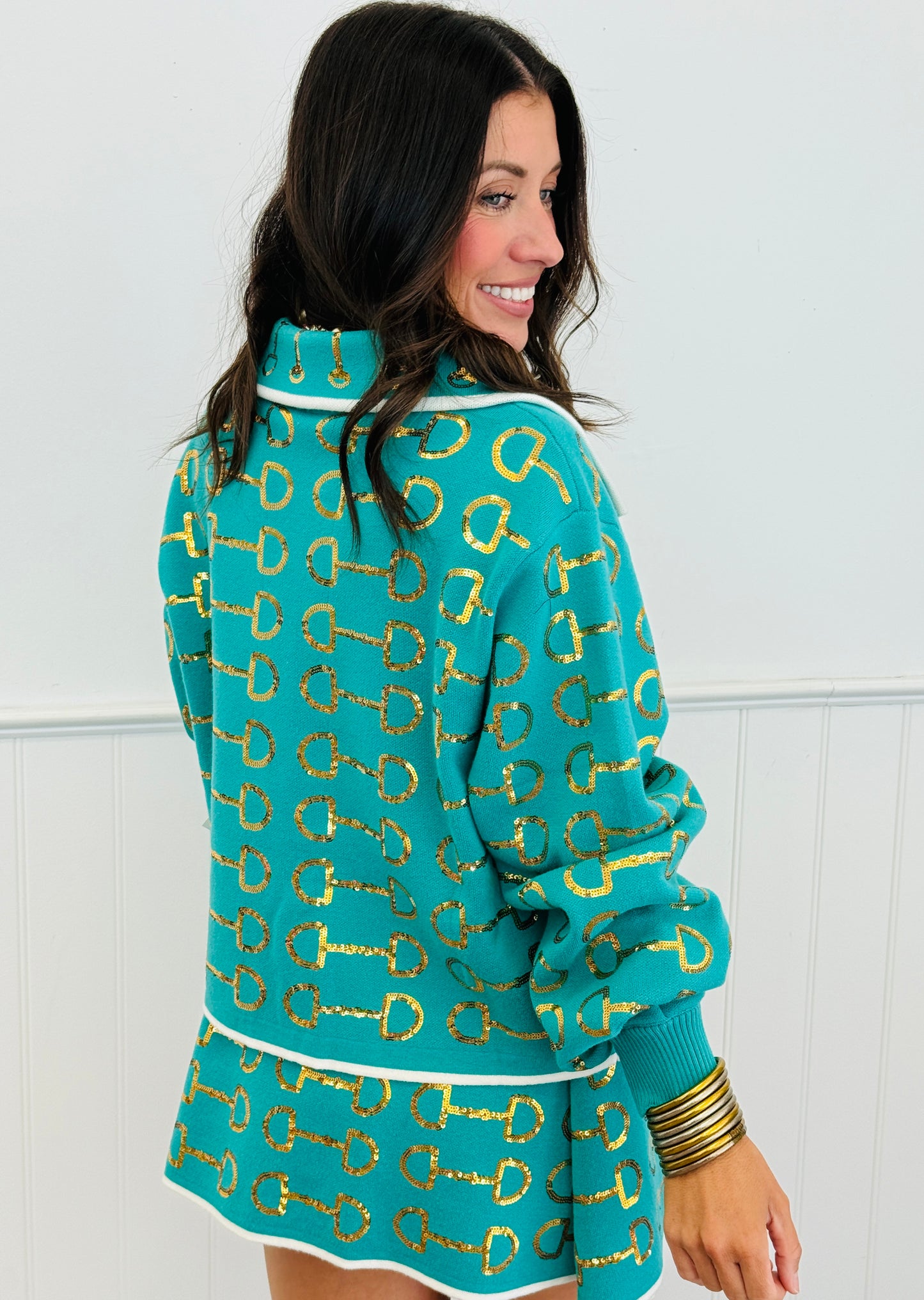 Queen Of Sparkles Mint & Gold Horse Bit Button Up Sweater (Reg. & Plus)