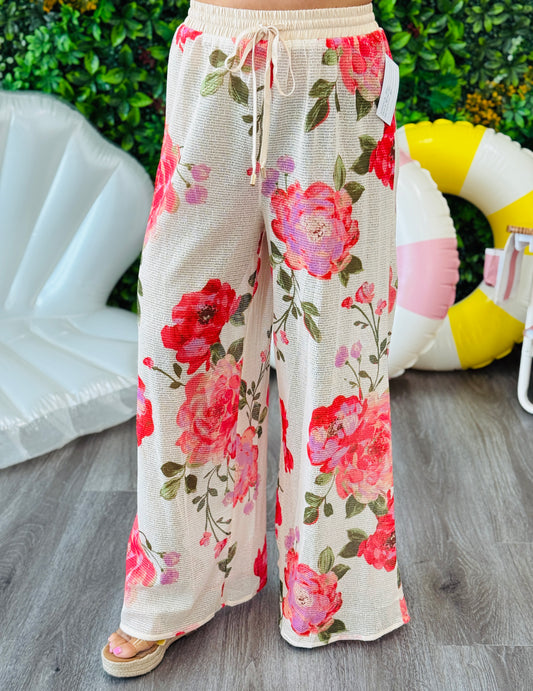 Ivory Multi Floral Printed Sheer Mesh Pants (Reg. and Plus)