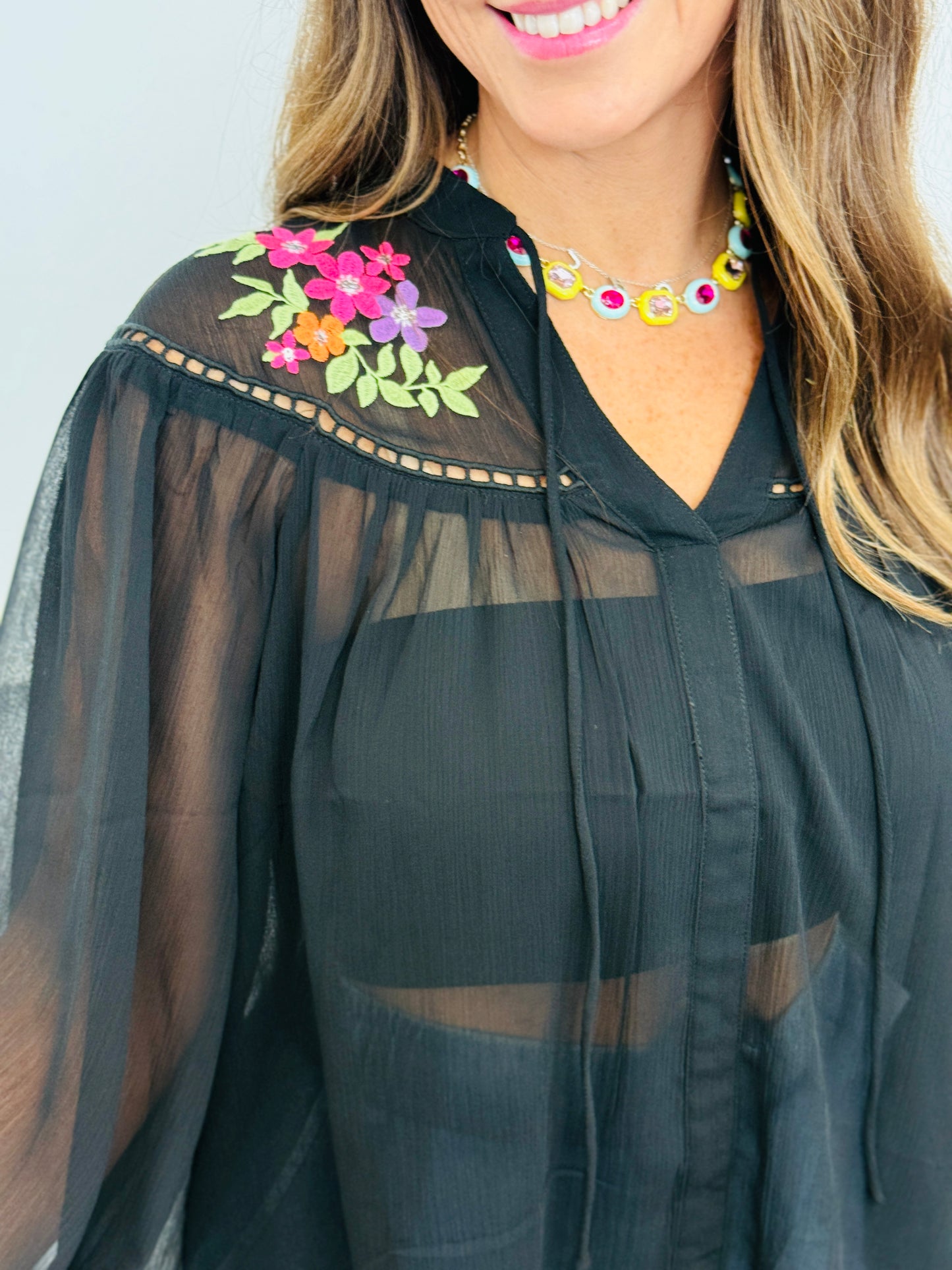 Black Sheer Floral Embroidery Blouse (Reg & Plus)
