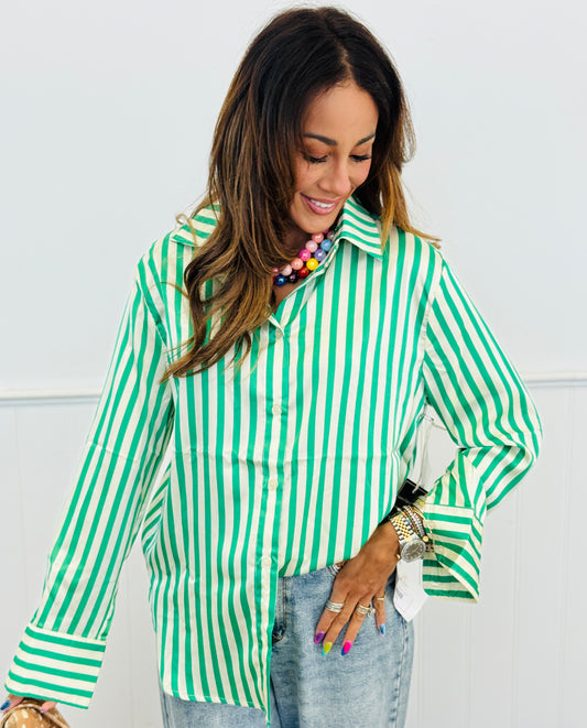 Green Vertical Striped Charmeuse Blouse (Reg.)