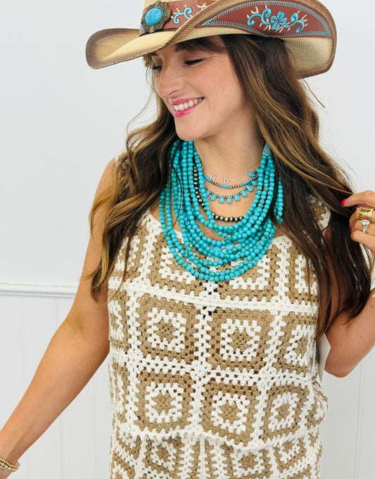 POL Ivory/Mocha Crochet Squares Sweater Tank (One Size)