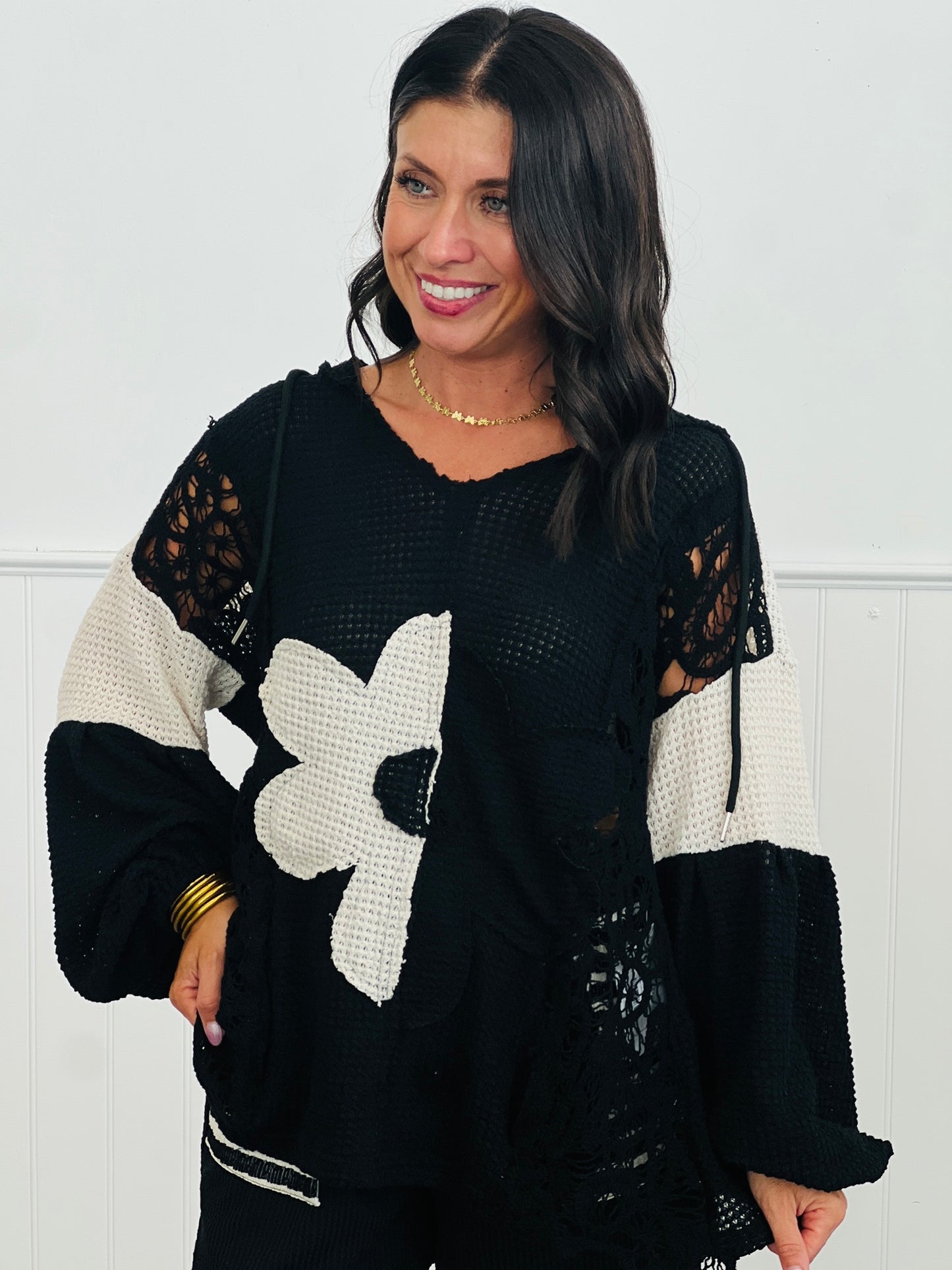 Black Cream Flower Patch Hoodie Top (Reg & Plus)