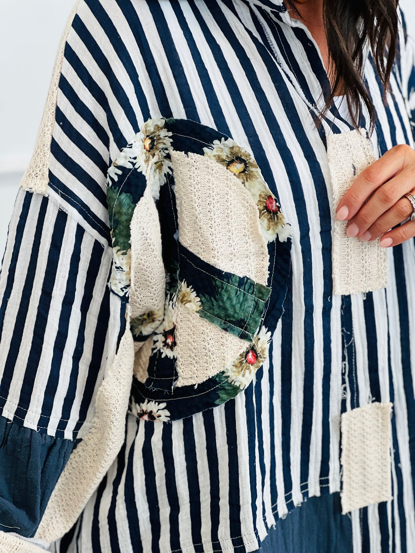 POL Navy Stripe Contrast Peace Marks Shacket (Reg.)