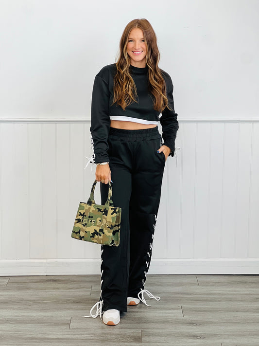 Black Lace Up Detail Top & Pants Set (Reg.)
