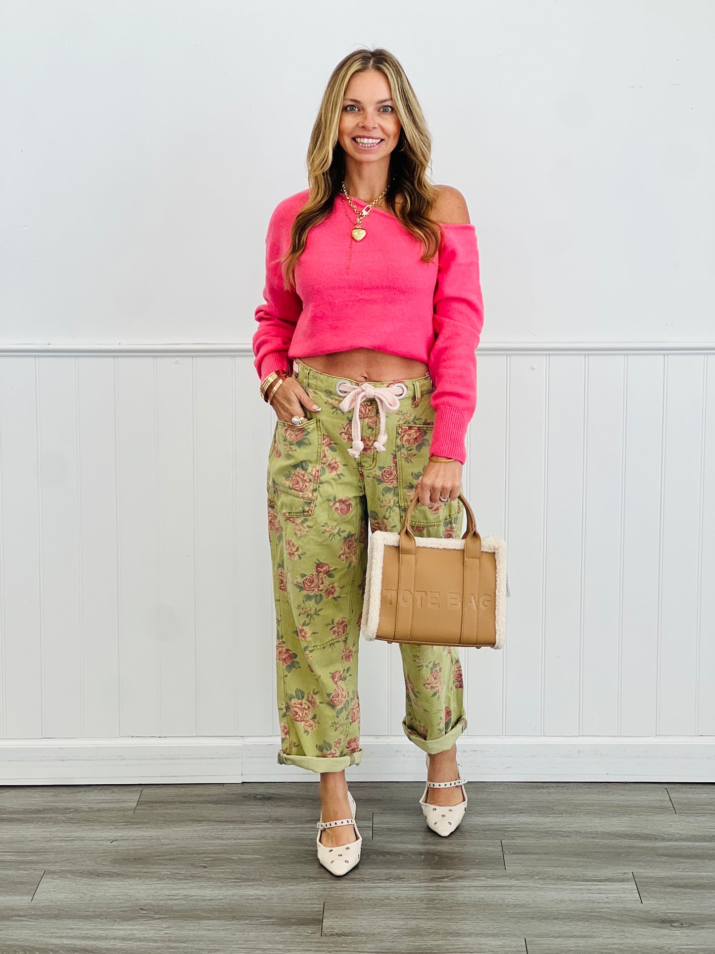 Light Olive Floral Print Braided Waist Belt Pants (Reg.)