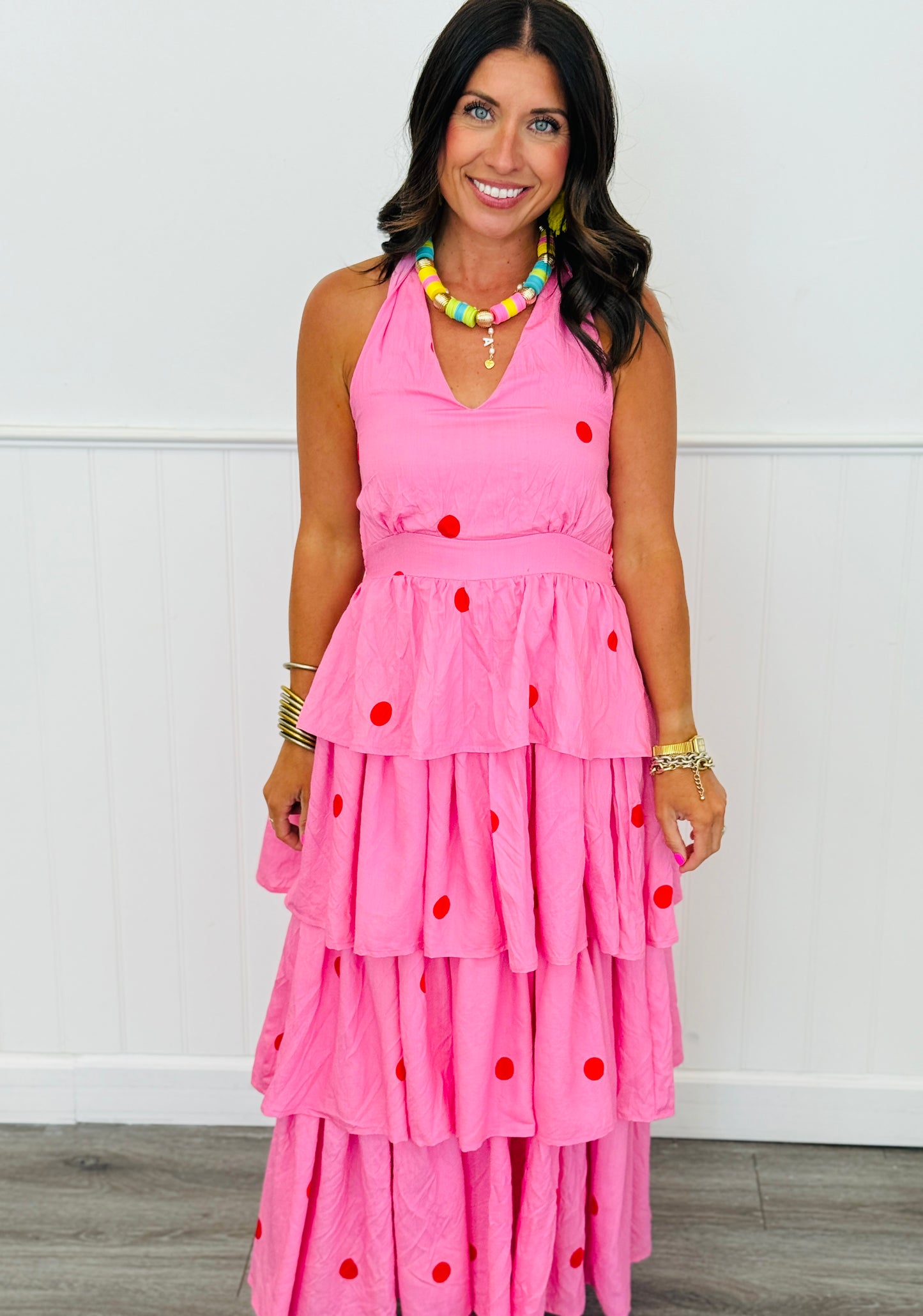 Pink Polka Dot Halter Midi Dress (Reg.)