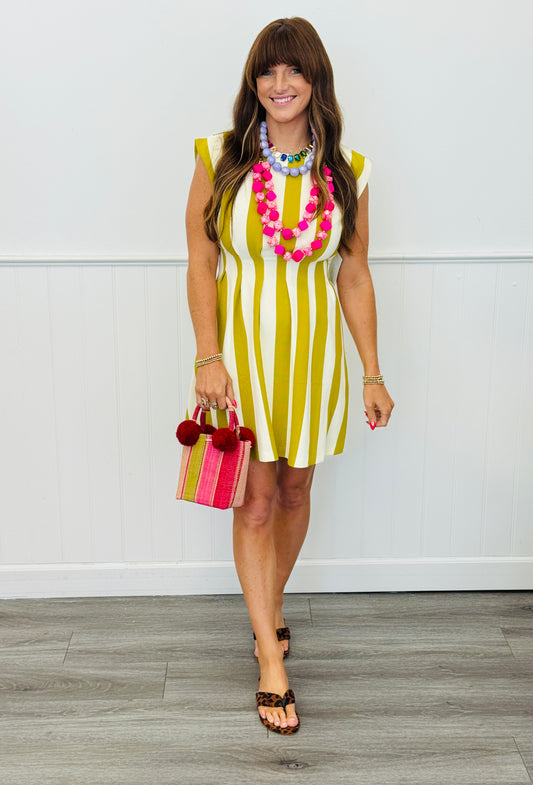Lime Striped Waist Pleat Mini Dress (Reg.)