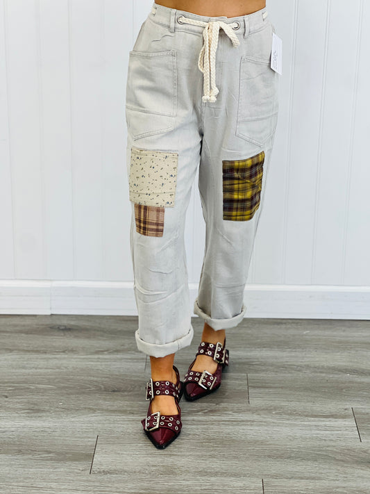 Washed Khaki Patchwork Ankle Pants (Reg & Plus)