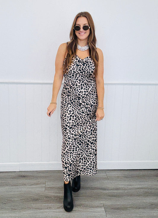 Leopard Satin Cowl Neck Maxi Dress (Reg)