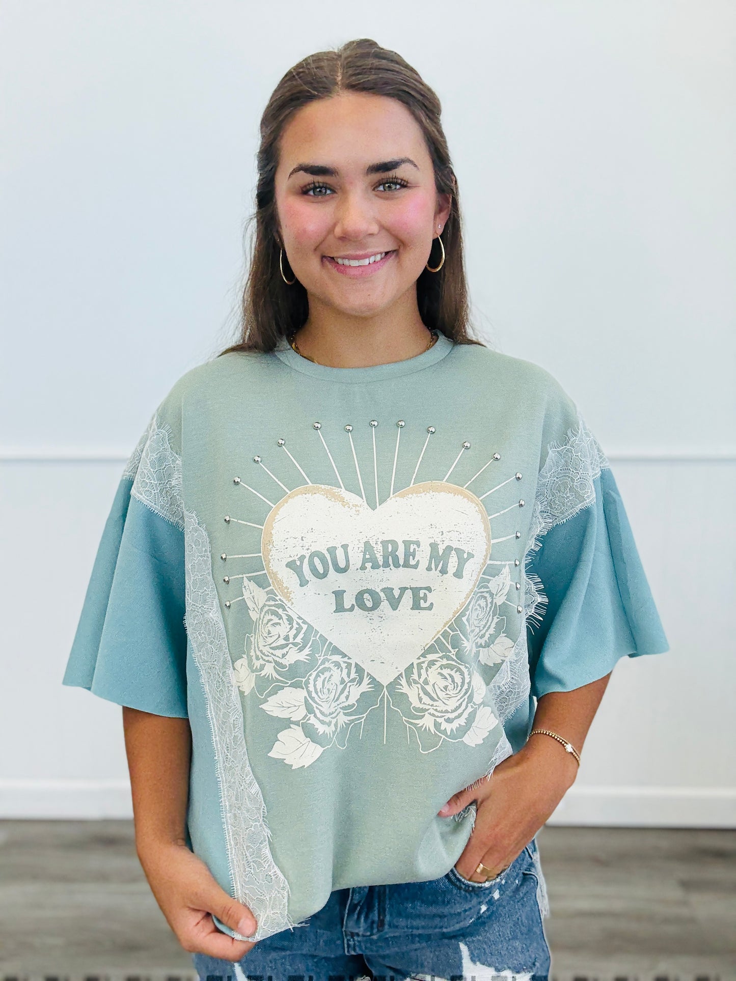 Sage You Are My Love Lace Detailed Top (Reg. and Plus)