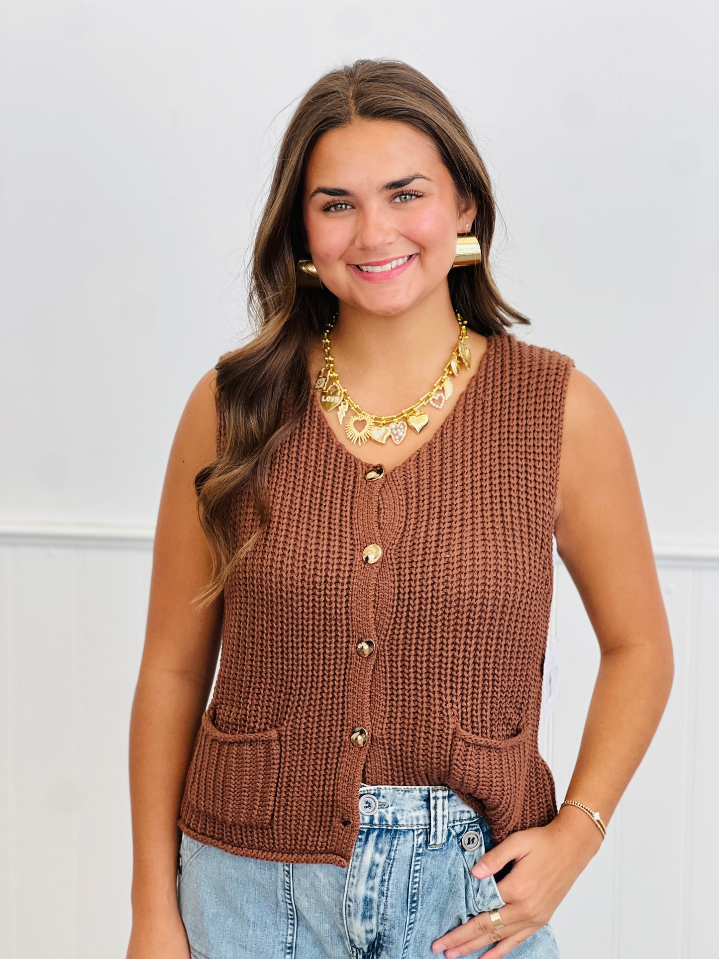 Chunky Button Down Sweater Vest Top (Reg.)-2 Colors