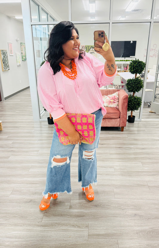 Pink Striped Half Zip Top (Reg & Plus)